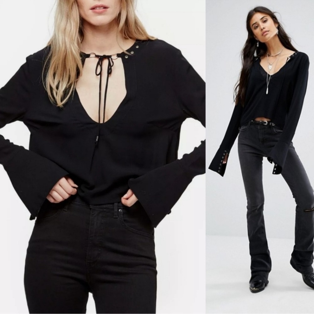 Free People Jump To The Beat Black Bell Sleeve Tie Neck Midi Top